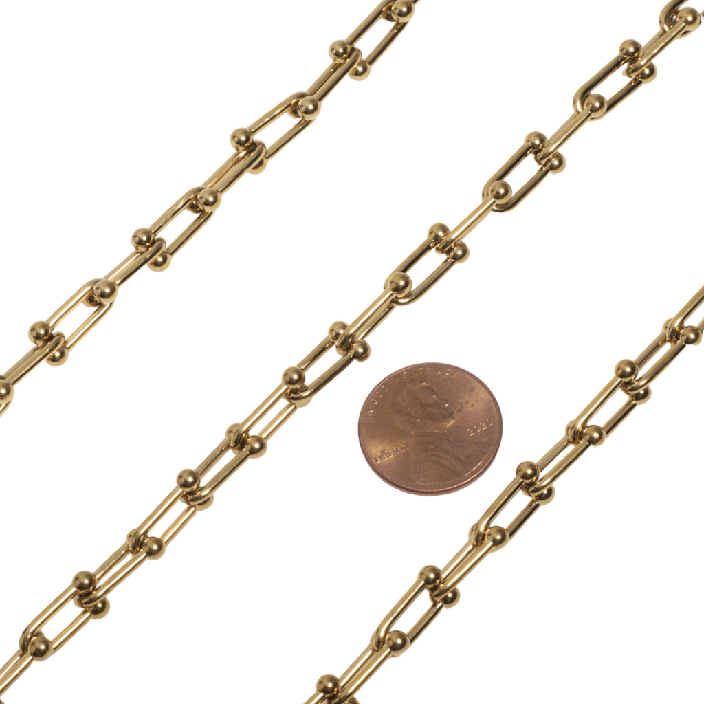 7mm U-Shaped Designer Chain in Waterproof Gold, perfect for permanent jewelry, including bracelets and necklaces. Sold by the foot.