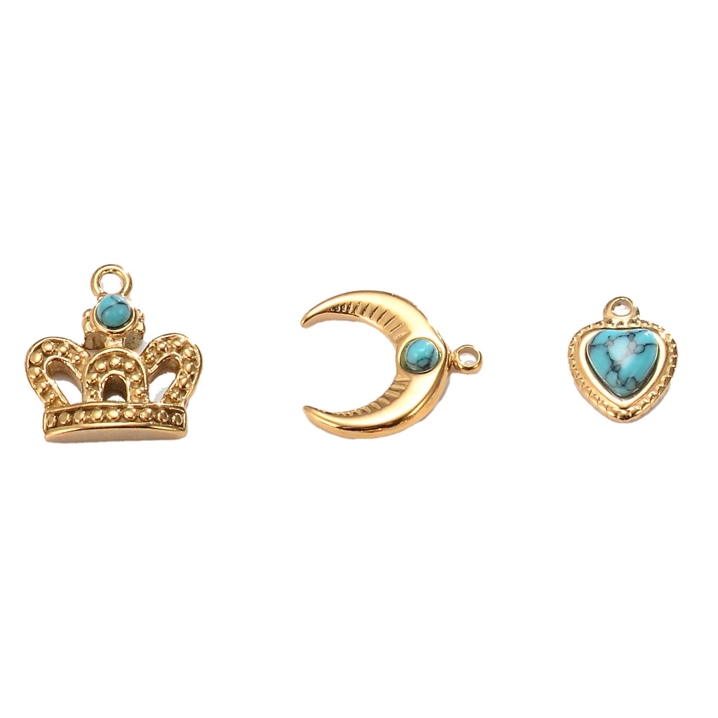 Waterproof Gold Crown Moon & Heart Charms for jewelry making, sold individually.